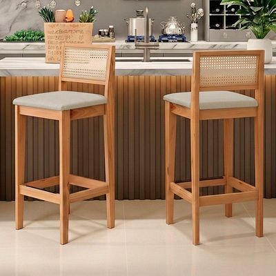 Kit 02 Banquetas Altas Brunella 99cm Com Encosto Telinha Estilo Palha Linho Cru - Desk Design