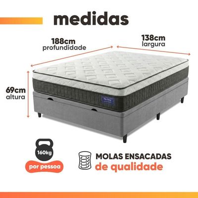 Cama Box Baú Colchão Casal Molas Ensacadas Euro In Atlantic 138x188x69cm Cinza