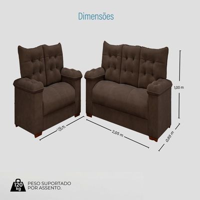 Conjunto Sofá 3 E 2 Lugares Irlanda Veludo Marrom