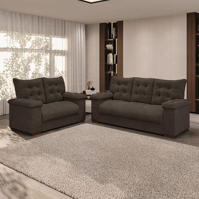 Conjunto Sofá 3 E 2 Lugares Irlanda Veludo Marrom