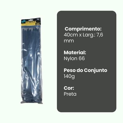Abraçadeira De Nylon 40cm X 7,6mm Com 50 Unidades - Preta