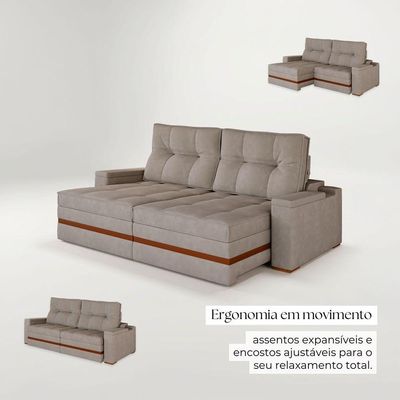Sofá Retrátil Reclinável 4 Lugares Mônaco 2,16m Veludo Bege