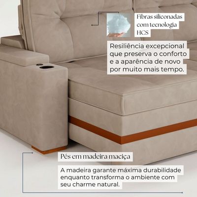Sofá Retrátil Reclinável 4 Lugares Mônaco 2,16m Veludo Bege