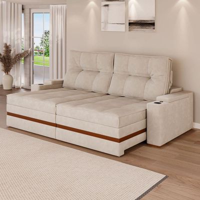 Sofá Retrátil Reclinável 4 Lugares Mônaco 2,36m Veludo Creme