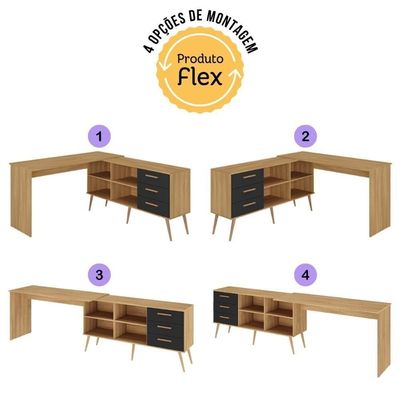 Mesa De Escritório Em L Com 3 Gavetas Porto Multimóveis Mp6046 Madeirado/preto