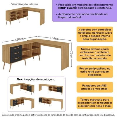 Mesa De Escritório Em L Com 3 Gavetas Porto Multimóveis Mp6046 Madeirado/preto