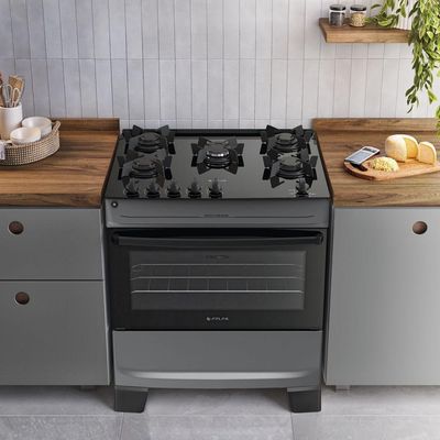 Fogão 5 Bocas Atlas Mônaco Top Glass Automático Mesa De Vidro Titanium Bivolt
