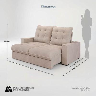Sofá Retrátil Reclinável 3 Lugares Roma 2,20m Veludo Creme