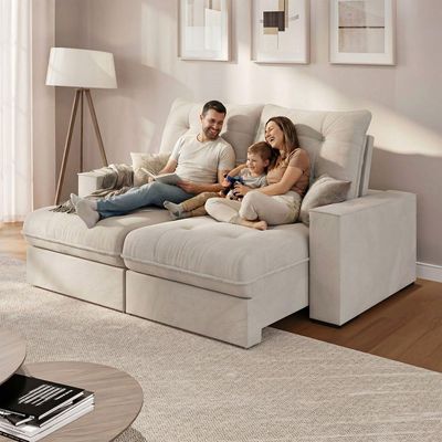 Sofá Retrátil Reclinável 3 Lugares Roma 2,20m Veludo Creme