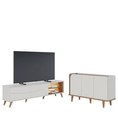 Rack Bancada Amalfi Com Pés Em Madeira E Aparador Buffet Jurerê Off White Matte Freijó - Colibri