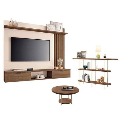 Painel Suspenso Lets Castanho Off White Com Mesa De Centro Sky E Aparador Infinity Castanho - Hb Móveis