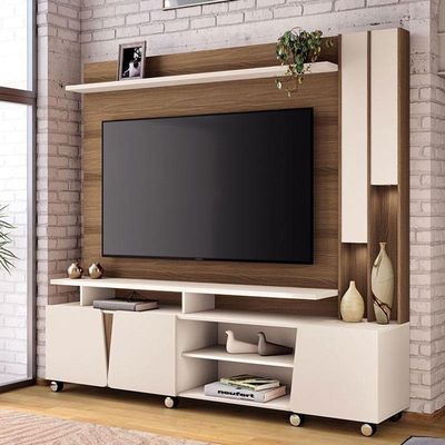 Estante Home Theater Virtus Castanho Off White Com Mesa De Centro Liz Off White - Hb Móveis