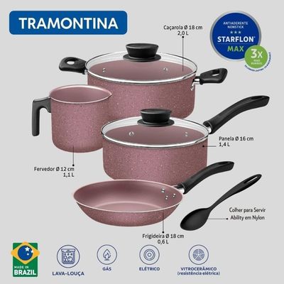 Jogo De Panelas 4 Peças Rosa Linz Antiaderente E Colher Tramontina