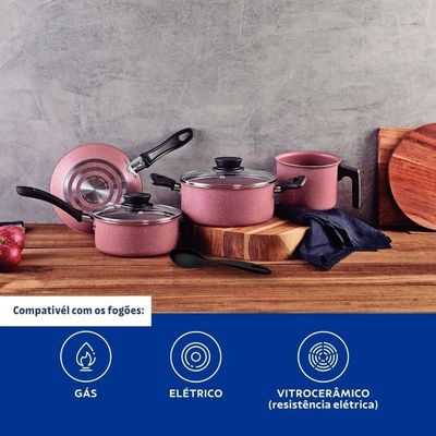 Jogo De Panelas 4 Peças Rosa Linz Antiaderente E Colher Tramontina