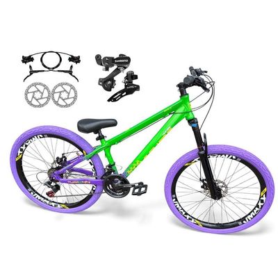 Bicicleta aro26 Vikingx Tuff Câmbios Shimano Freio Hidráulico 21v Freeride aroVmaxx Flame VerdeRoxo