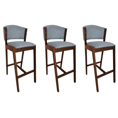 Kit 3 Banquetas Altas De Madeira Maciça Ana Em Linho Premium Cinza Linho Mel