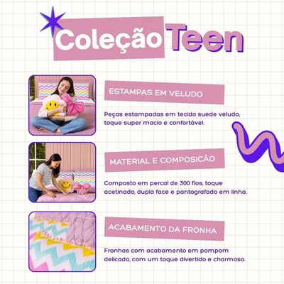 Kit Edredom King Menina Teen Rosa Com Almofadas Estampadas 07 Peças - Dupla Face Percal 300 Fios Cor Laço