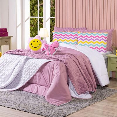 Kit Edredom King Menina Teen Rosa Com Almofadas Estampadas 07 Peças - Dupla Face Percal 300 Fios Cor Laço