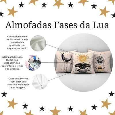 Kit Trio De Almofadas Cheias Fases Da Lua Estampadas Em Veludo Suede 45cm X 45cm Enchimento Em Refil Silicone Cor Bege