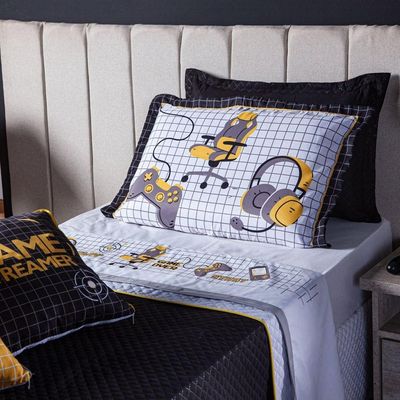 Kit Cobre Leito Colcha Solteiro Game Streamer Amarelo Dupla Face Com Almofadas Estampadas 05 Peças