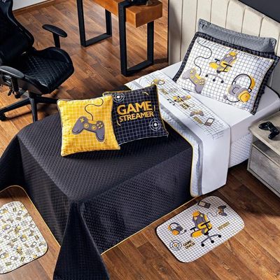 Kit Cobre Leito Colcha Solteiro Game Streamer Amarelo Dupla Face Com Almofadas Estampadas 05 Peças