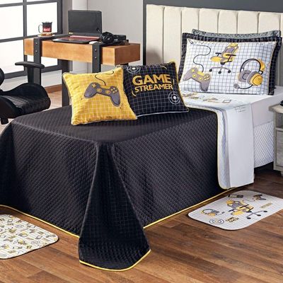 Kit Cobre Leito Colcha Solteiro Game Streamer Amarelo Dupla Face Com Almofadas Estampadas 05 Peças