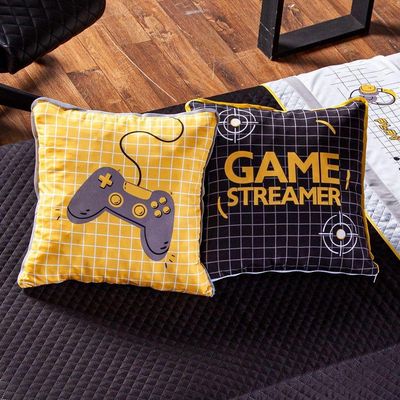 Kit Cobre Leito Colcha Solteiro Game Streamer Amarelo Dupla Face Com Almofadas Estampadas 05 Peças