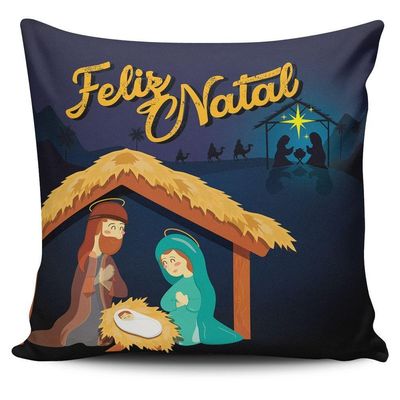 Kit Com 4 Almofadas Cheias Estampadas Natalinas Feliz Natal Família Sagrada 45cm X 45cm Com Refil - Decoração Fim De Ano