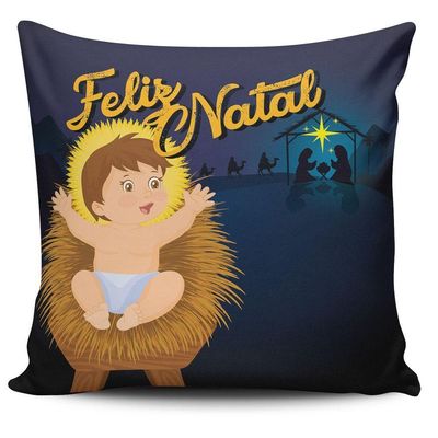 Kit Com 4 Almofadas Cheias Estampadas Natalinas Feliz Natal Família Sagrada 45cm X 45cm Com Refil - Decoração Fim De Ano