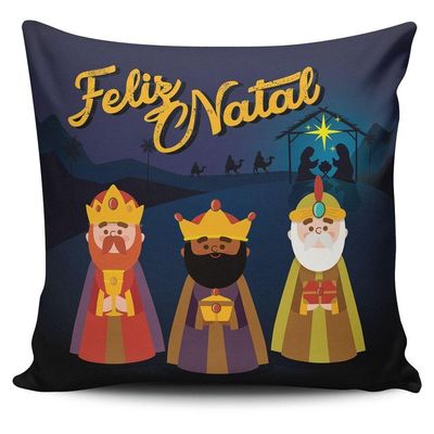 Kit Com 4 Almofadas Cheias Estampadas Natalinas Feliz Natal Família Sagrada 45cm X 45cm Com Refil - Decoração Fim De Ano