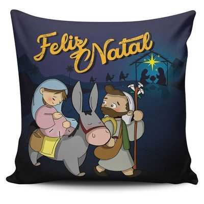 Kit Com 4 Almofadas Cheias Estampadas Natalinas Feliz Natal Família Sagrada 45cm X 45cm Com Refil - Decoração Fim De Ano