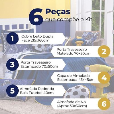Kit Cobre Leito Colcha Solteiro Futebol Game Azul Marinho/branco Dupla Face Com Almofadas 06 Peças