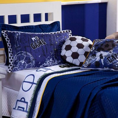Kit Cobre Leito Colcha Solteiro Futebol Game Azul Marinho/branco Dupla Face Com Almofadas 06 Peças