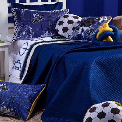 Kit Cobre Leito Colcha Solteiro Futebol Game Azul Marinho/branco Dupla Face Com Almofadas 06 Peças
