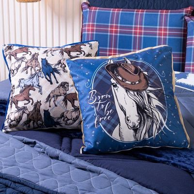 Kit Cobre Leito Colcha Solteiro Country Com Almofadas Estampadas 05 Peças - Dupla Face Percal 300 Fios Matelado Cor Azul