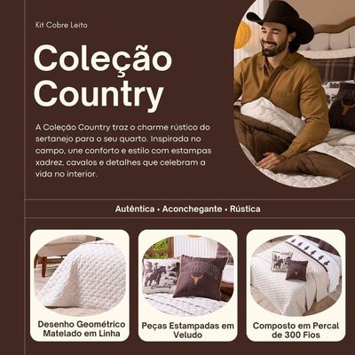 Kit Cobre Leito Colcha Queen Country Com Almofadas Estampadas 07 Peças - Dupla Face Percal 300 Fios Matelado Cor Caqui