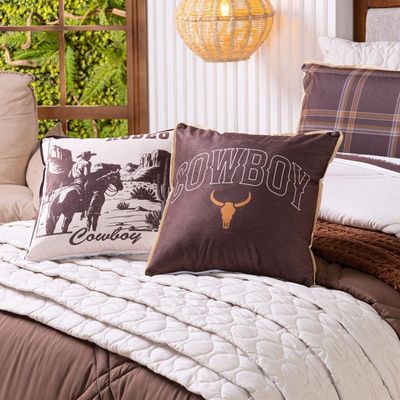Kit Cobre Leito Colcha Queen Country Com Almofadas Estampadas 07 Peças - Dupla Face Percal 300 Fios Matelado Cor Caqui