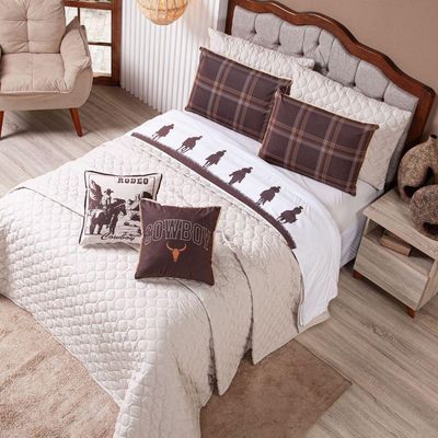 Kit Cobre Leito Colcha Queen Country Com Almofadas Estampadas 07 Peças - Dupla Face Percal 300 Fios Matelado Cor Caqui