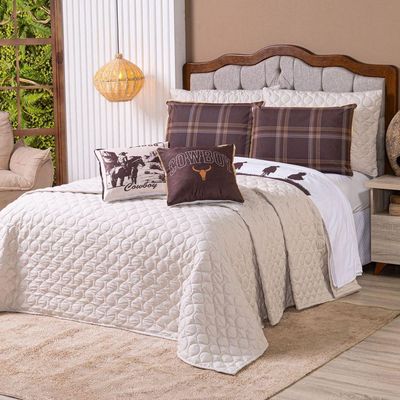 Kit Cobre Leito Colcha Queen Country Com Almofadas Estampadas 07 Peças - Dupla Face Percal 300 Fios Matelado Cor Caqui