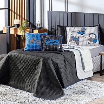 Kit Cobre Leito Colcha Casal Padrão Game Streamer Azul Dupla Face Com Almofadas Estampadas 07 Peças