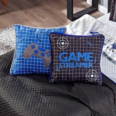 Kit Cobre Leito Colcha Casal Padrão Game Streamer Azul Dupla Face Com Almofadas Estampadas 07 Peças