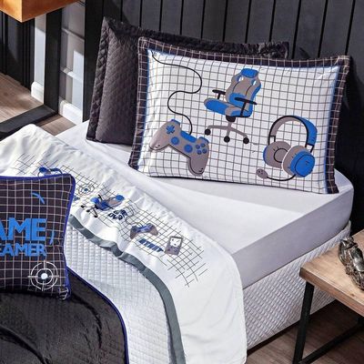Kit Cobre Leito Colcha Casal Padrão Game Streamer Azul Dupla Face Com Almofadas Estampadas 07 Peças