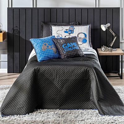 Kit Cobre Leito Colcha Casal Padrão Game Streamer Azul Dupla Face Com Almofadas Estampadas 07 Peças