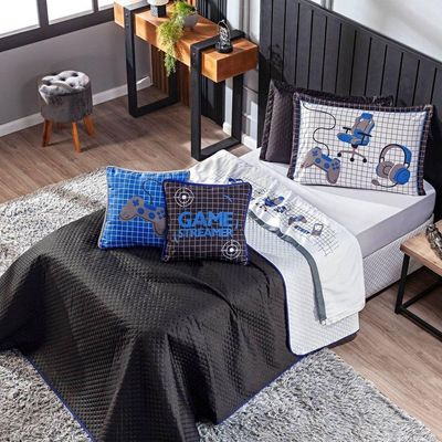Kit Cobre Leito Colcha Casal Padrão Game Streamer Azul Dupla Face Com Almofadas Estampadas 07 Peças