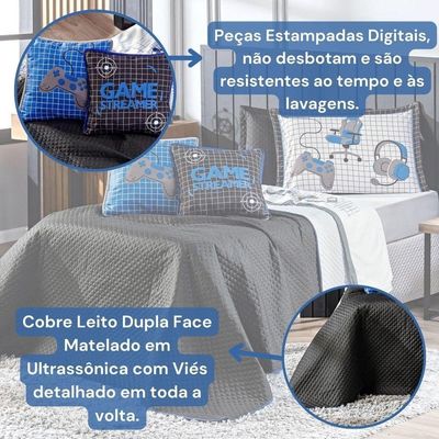 Kit Cobre Leito Colcha Casal Padrão Game Streamer Azul Dupla Face Com Almofadas Estampadas 07 Peças