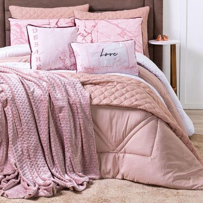 Kit Cobre Leito Colcha Queen Verano Com Almofadas Estampadas 07 Peças - Dupla Face Percal 300 Fios Matelado Cor Love