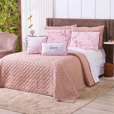 Kit Cobre Leito Colcha Queen Verano Com Almofadas Estampadas 07 Peças - Dupla Face Percal 300 Fios Matelado Cor Love