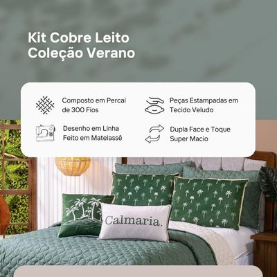 Kit Cobre Leito Colcha King Verano Com Almofadas Estampadas 07 Peças - Dupla Face Percal 300 Fios Matelado Cor Coqueiro