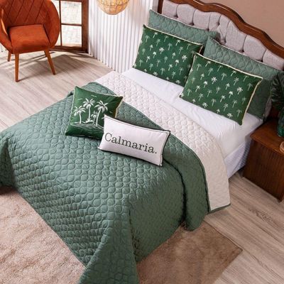 Kit Cobre Leito Colcha King Verano Com Almofadas Estampadas 07 Peças - Dupla Face Percal 300 Fios Matelado Cor Coqueiro