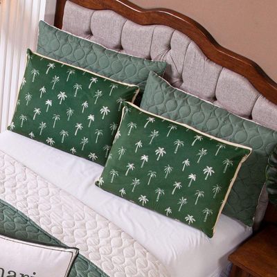 Kit Cobre Leito Colcha King Verano Com Almofadas Estampadas 07 Peças - Dupla Face Percal 300 Fios Matelado Cor Coqueiro